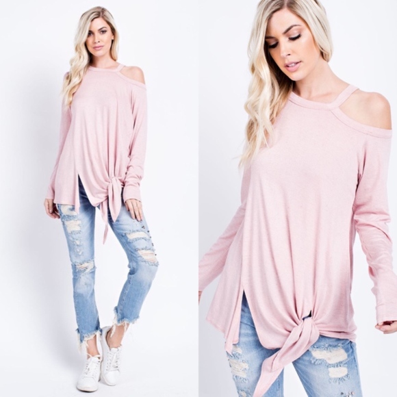 Glamvault Tops - Blush Cold Shoulder Knit With Knotted Hem